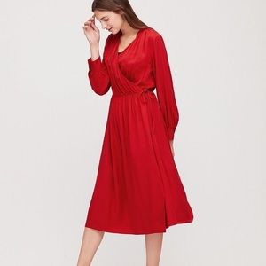 Uniqlo Red Wrap Midi Dress XS | Long Sleeve V-Neck